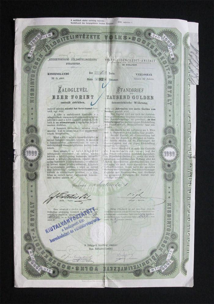 Kisbirtokosok Földhitelintézete záloglevél 1000 forint 1875